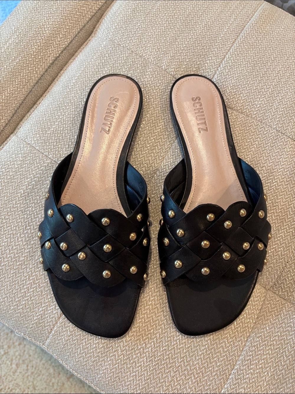 SCHUTZ Black Braided Slide Mules with Gold Studs LIKE NEW